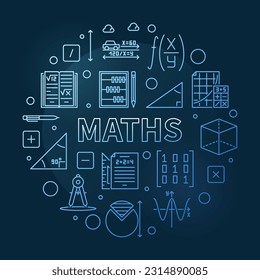 Maths concept vector thin line round blue banner. Math illustration with dark background 