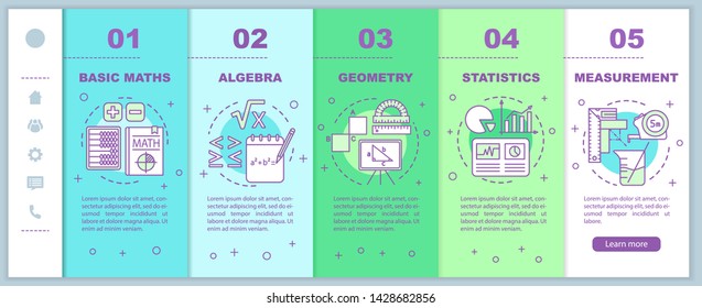 Maths course onboarding mobile web pages vector template. Algebra, geometry. Responsive smartphone website interface idea with linear illustrations. Webpage walkthrough step screens. Color concept 
