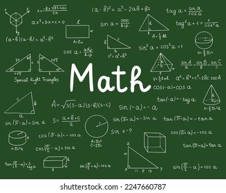 Maths doodle. Hand drawn mathematics formulas on chalkboard for background, banner, book cover and etc. Education industry. Mathematical theory of school education