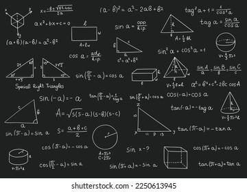 Maths doodle. Hand drawn mathematics formulas on chalkboard for background, banner, book cover and etc. Education industry. Mathematical theory of school education