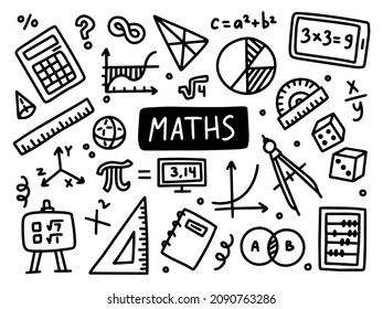 Maths doodle line set school university. Outline subject. Vector illustration - Shutterstock ID 2090763286