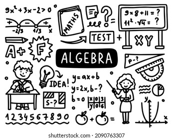 Maths doodle line set school university. Algebra Outline subject. Mathematics. . Vector illustration