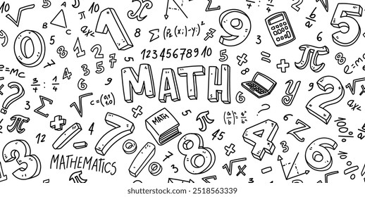 Matemática doodle linha definir escola Ilustração. Plano de fundo do clip-art de vetor desenhado à mão Conjunto de banner Logotipos