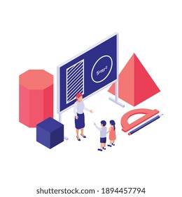 Concepto isométrico de la enseñanza de matemáticas con 3d formas ilustraciones vectoriales de profesores