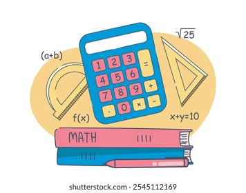 Maths elements concept. Stack of textbooks, pencil, ruler and calculator. Education and training. Mathematical formulas and calculations. Linear vector illustration isolated on white background