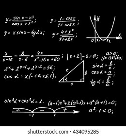 Maths equations on school board. Vector hand-drawn illustration.