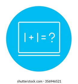 Maths example written on blackboard line icon for web, mobile and infographics. Vector white icon on the light blue circle isolated on white background.