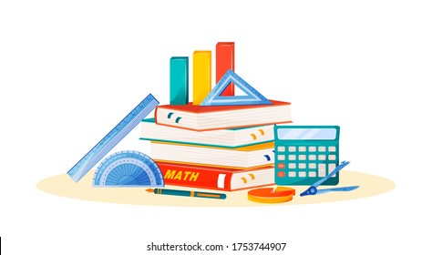 Maths flat concept vector illustration. School subject. Formal science metaphor. Algebra and geometry class. University course. Student textbook, calculator and ruler items 2D cartoon objects