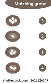 Maths game with eggs in nests for children, easy level, education game for kids, preschool worksheet activity, task for the development of logical thinking, vector illustration