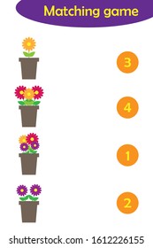 Maths game with flowers in pots for children, easy level, education game for kids, preschool worksheet activity, task for the development of logical thinking, vector illustration