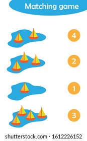 Maths game with paper boats in a puddle for children, easy level, education game for kids, preschool worksheet activity, task for the development of logical thinking, vector illustration