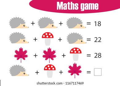 Maths game with pictures (autumn theme) for children, middle level, education game for kids, preschool worksheet activity, task for the development of logical thinking, vector illustration