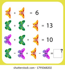 Maths game with pictures (butterfly) for children, easy level, education game for kids, preschool worksheet activity, task for the development of logical thinking, vector illustration