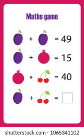 Maths game with pictures , fruit, for children, middle level, education game for kids, preschool worksheet activity, task for the development of logical thinking, vector illustration