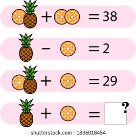 Maths game with pictures (fruits) for children, easy level, education game for kids, preschool worksheet activity, task for the development of logical thinking, vector illustration