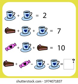 Maths game with pictures (geometric shapes) for children, easy level, education game for kids, preschool worksheet activity, task for the development of logical thinking, vector illustration