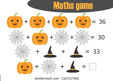 Maths game with pictures (halloween theme) for children, middle level, education game for kids, preschool worksheet activity, task for the development of logical thinking, vector illustration
