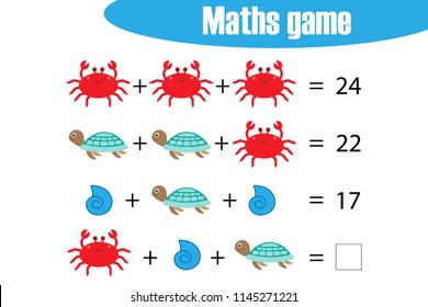 Maths game with pictures (ocean animals) for children, middle level, education game for kids, preschool worksheet activity, task for the development of logical thinking, vector illustration