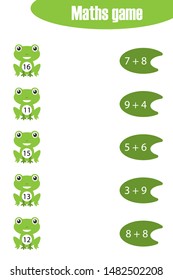 Maths game with pictures of pond life for children, easy level, education game for kids, preschool worksheet activity, task for the development of logical thinking, vector illustration