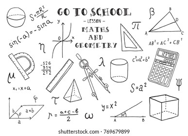 Maths and geometry. Hand sketches on the theme of Maths and geometry.  Vector illustration.