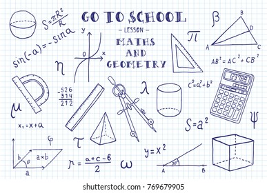 Maths and geometry. Hand sketches on the theme of Maths and geometry.   Note book page paper. Vector illustration.