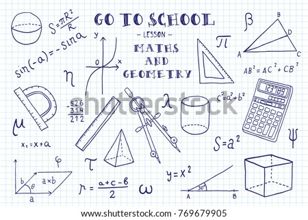 Maths and geometry. Hand sketches on the theme of Maths and geometry.   Note book page paper. Vector illustration.