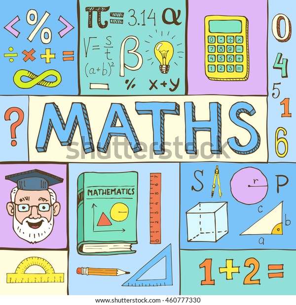 数学手绘彩色矢量插图与涂鸦数学公式 数字和对象 在背景上隔离 库存矢量图 免版税