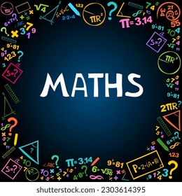 Maths. Isolated lettering typography idea with icons. Algebra, geometry, statistics, basic maths. Education, back to school concept. Vector image formulas education sketch for student homework.