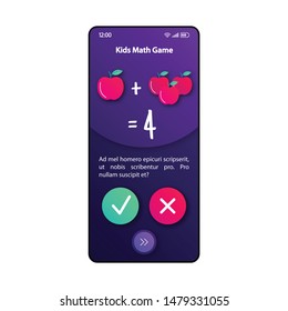 Maths for kids smartphone interface vector template. Mobile app page violet design layout. Teaching arithmetics game screen. Flat UI for application. Learning elementary school addition phone display