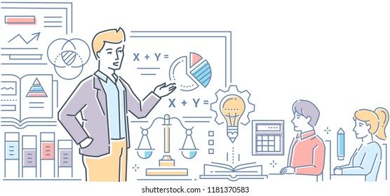 Maths lesson - modern colorful line design style illustration on white background. High quality composition with male teacher standing at the board showing formulas to young students in the classroom