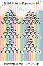 Maths Pyramids for Mental Maths Practice, complete the missing numbers, math worksheet for kindergarten student.Educational game for children. Computational mathematical game for addition of numbers.