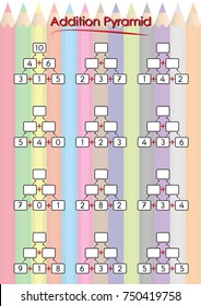 Maths Pyramids for Mental Maths Practice, complete the missing numbers, math worksheet for kindergarten students