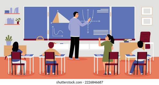 Mathematikunterricht im Klassenzimmer mit männlichen Lehrern an der Tafel und vier Schülern flache Vektorgrafik