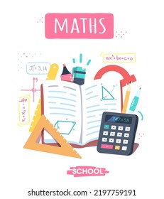 Maths school subject supplies for education. Book, pen, pencil, ruler, calculator, marker educational equipment for learning. Mathematics knowledge, study, teaching concept flat vector illustration