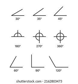 Maths set icon. Obtuse, acute, right and straight angle. 30, 35, 45, 180, 270, 360, 60, 90 120 degree. Trigonometry concept. Vector line icon for Business and Advertising