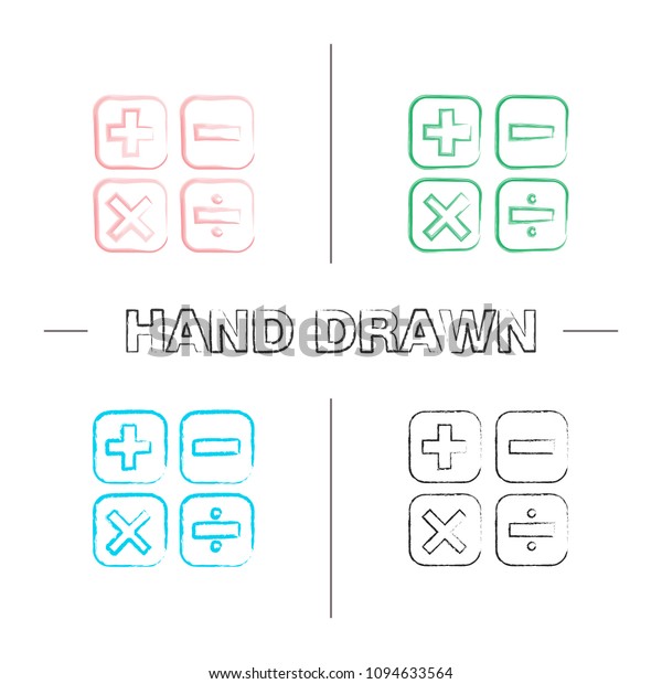 Maths symbols hand drawn icons set.\
Calculating. Elementary mathematics. Plus, minus, multiply, divide.\
Color brush stroke. Isolated vector sketchy\
illustrations