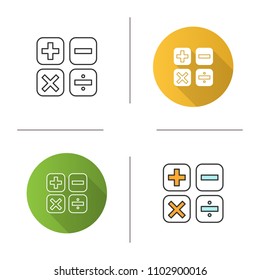 Maths symbols icon. Calculating. Elementary mathematics. Plus, minus, multiply, divide. Flat design, linear and color styles. Isolated vector illustrations