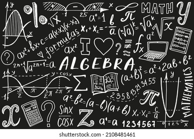 Maths symbols icon set. Algebra or mathematics subject doodle design. Education and study concept. Back to school background for notebook, not pad, sketchbook. Hand drawn illustration.