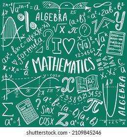 Maths symbols icon set. Algebra or mathematics subject doodle design. Education and study concept. Back to school background for notebook, not pad, sketchbook. Hand drawn illustration.