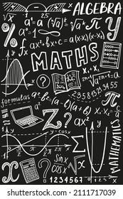 Maths symbols icon set. Algebra or mathematics subject doodle design. Education and study concept. Back to school background for notebook, not pad, sketchbook. Hand drawn illustration.