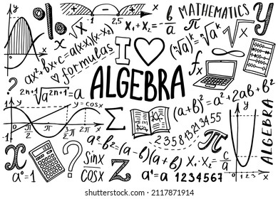 Conjunto de símbolos matemáticos. El diseño del doodle está sujeto a álgebra o matemáticas. Concepto de educación y estudio. Volver al fondo escolar para cuaderno, no para cuaderno, cuaderno de bocetos. Ilustración dibujada a mano.