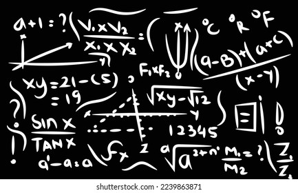Mathematische Symbole Symbol gesetzt. Algebra oder Mathematik Fach Doodle Design. Bildungs- und Studienkonzept. Zurück zum Schulhintergrund für Notebook, nicht Pad, Skizze. Handgezeichnete Illustration.
