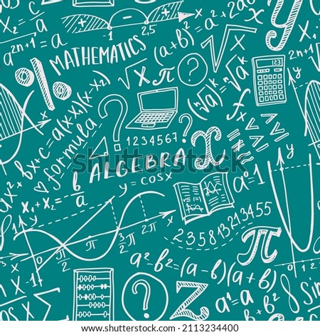 Maths symbols icon set. Algebra or mathematics subject doodle design. Education and study concept. Back to school background for notebook, not pad, sketchbook. Hand drawn illustration.