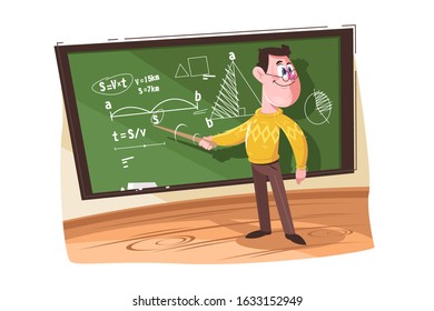 Maths teacher pointing at different formulas vector illustration. Professor teaching and explaining information on chalkboard cartoon design. Education concept. Isolated on white