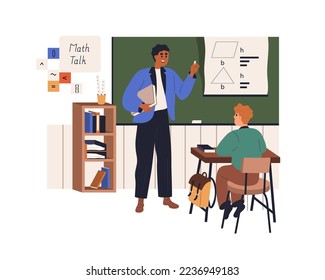 Maths teacher and student in classroom at school. Teaching and studying mathematics at lesson. Pupil learning in mathematical class room. Flat vector illustration isolated on white background