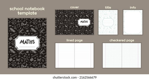 Maths Template to print School notebook or mathematics textbook. Hand-drawn mathematical elements. Blanks for checkered and lined pages. Frame for educational or scientific poster. Vector illustration