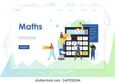 Maths vector website template, web page and landing page design for website and mobile site development. Mathematics education concept with characters doing sums using calculator mathematical formulas