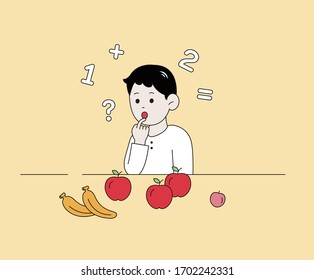 A math-studying child illustration set. Mathematics, studying, education, kid Vector drawing. Hand drawn style.