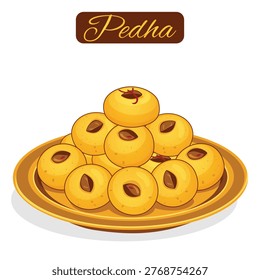 Mathura peda vector illustration, famous Indian milk sweet made from khoya (mawa), traditional mithai with rich texture served on plate, festive dessert in flat 2D design isolated on light background