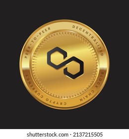 Logo de MATIC Cryptocurrency en el concepto de color negro de la moneda de oro. Símbolo de la tecnología de la cadena de bloques de monedas de polígono. Ilustración vectorial.